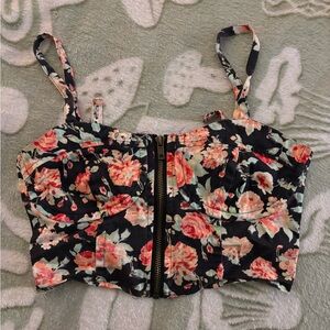 Nollie Black Floral Crop Top with Zipper